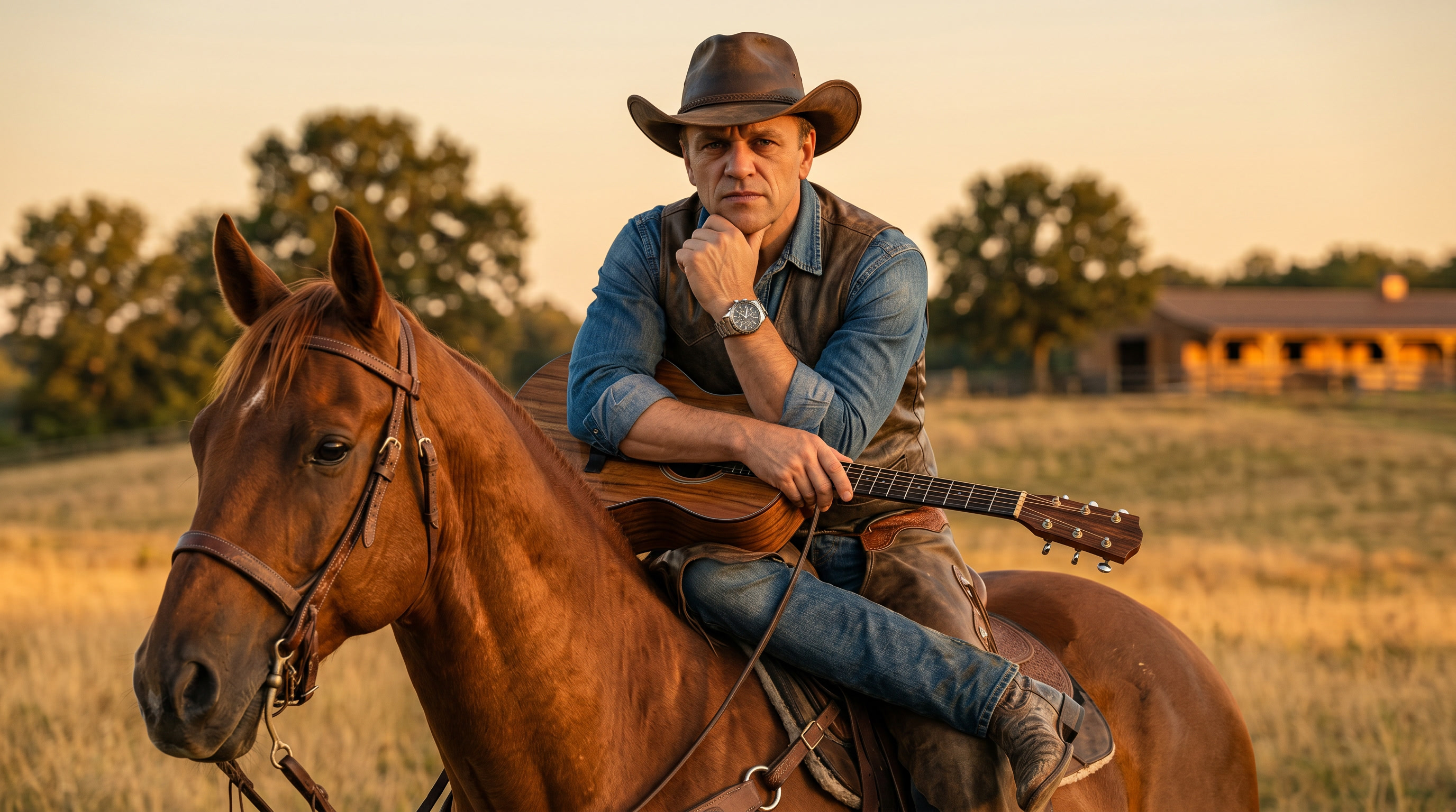 Duncan McSchmiedl auf dem Pferd mit Gitarre